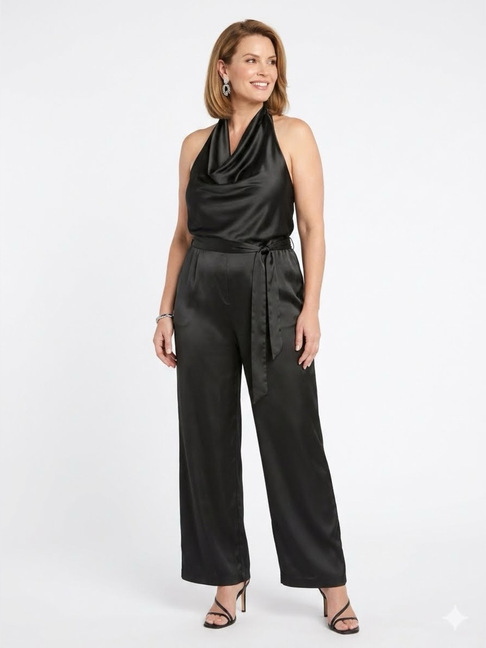 R& M Richards Black Satin Halter Wide-Leg Jumpsuit with Waist Tie